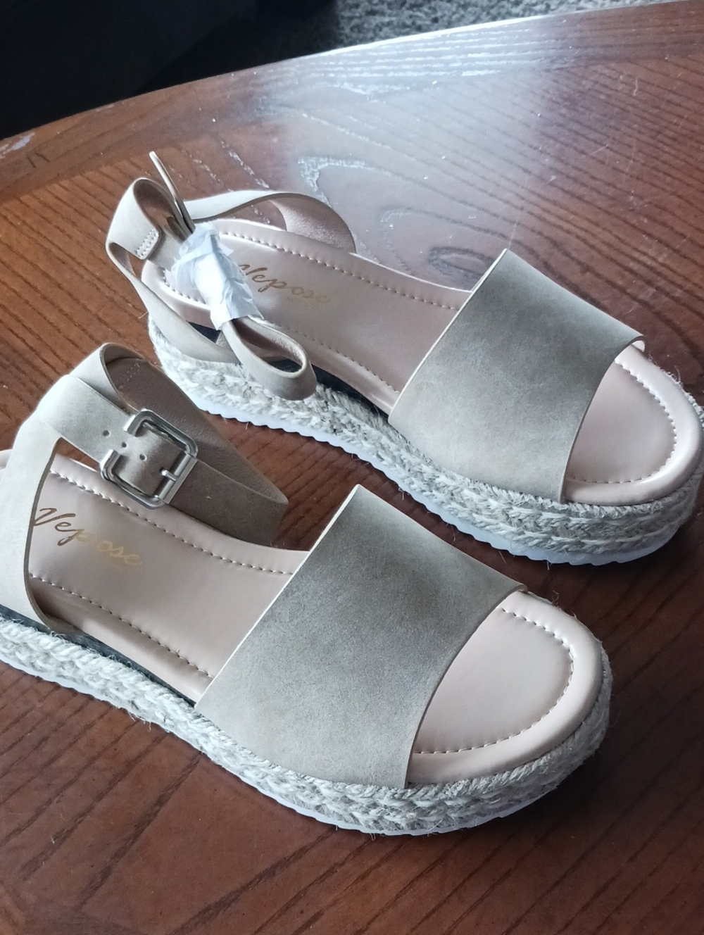 Vepose Taupe Platform Espadrille Sandals with Ankle Buckle
